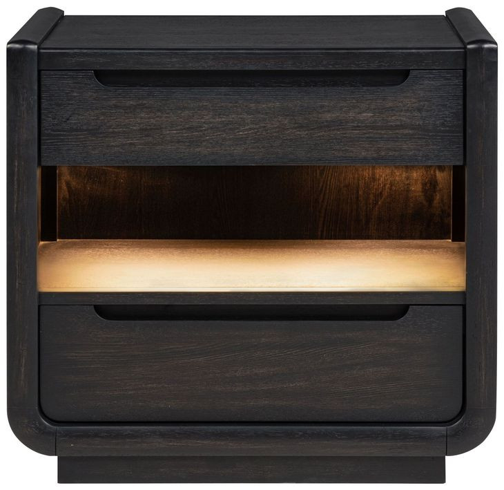Leandro Burnished Black 2 Drawer Nightstand with LED Light and USB Charging