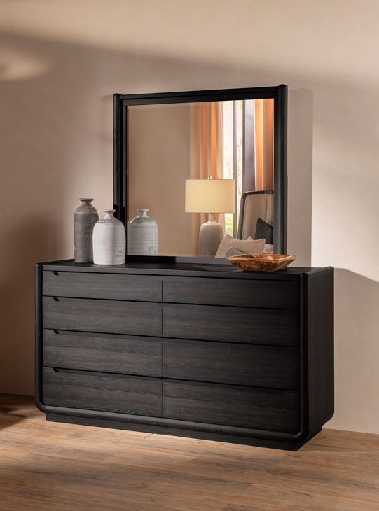 Leandro Burnished Black 8 Drawer Dresser with Mirror