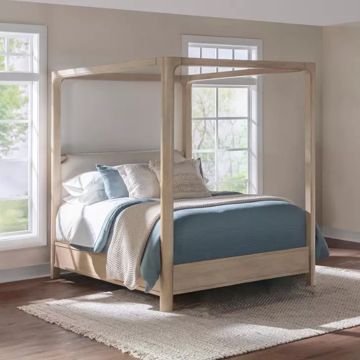 Solano Weathered Mango and Beige Upholstered Canopy Bedroom Set