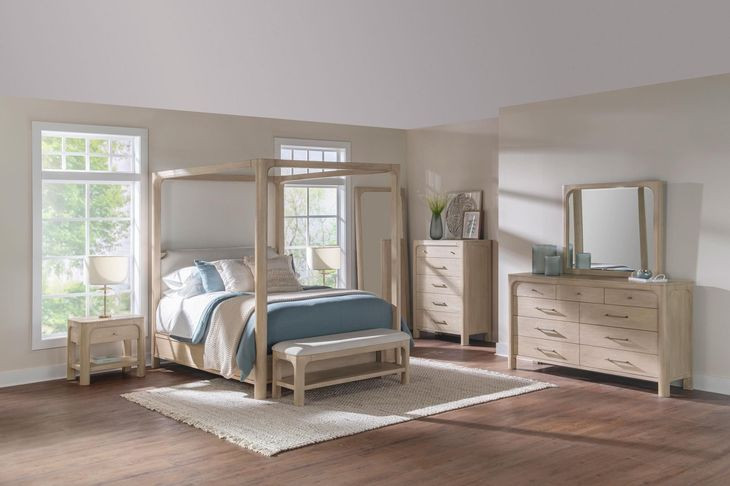 Solano Weathered Mango and Beige Upholstered Canopy Bedroom Set