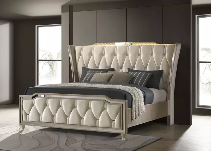 Lorient Ivory and Camel King Upholstered Panel Bed with LED