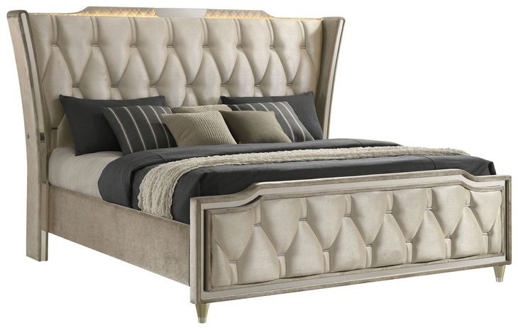 Lorient Ivory and Camel King Upholstered Panel Bed with LED Light