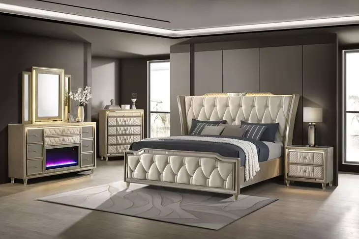 Lorient Ivory and Camel King Upholstered Panel Bed with LED