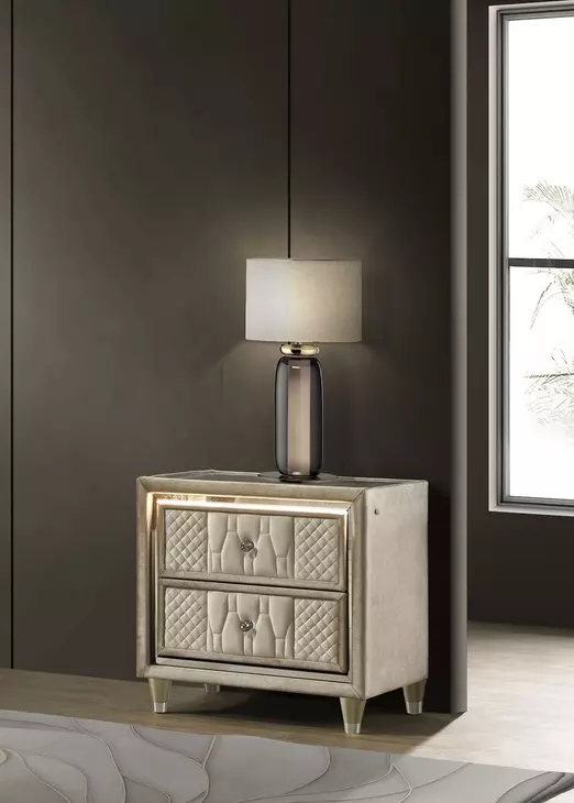 Lorient Ivory Upholstered 2 Drawer Nightstand with LED Light and USB Charging