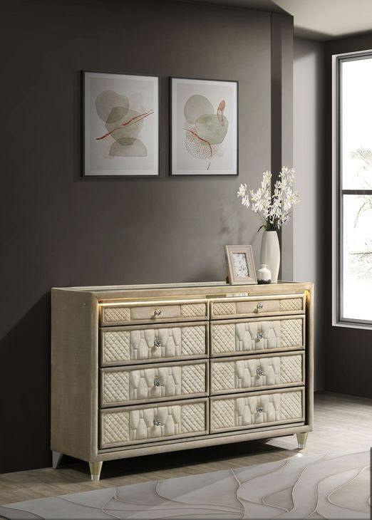 Lorient Ivory Upholstered 8 Drawer Dresser with LED Light