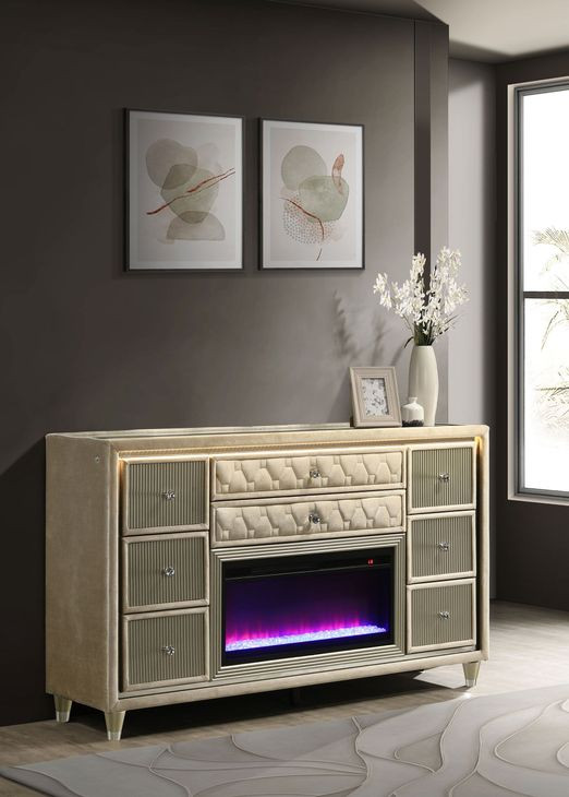 Lorient Ivory Upholstered 8 Drawer Flame Box Dresser with LED Light