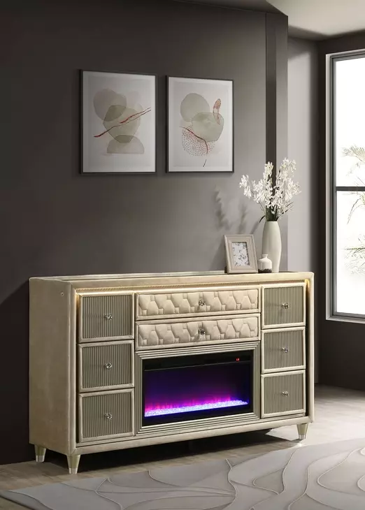 Lorient Ivory Upholstered 8 Drawer Flame Box Dresser with LED Light