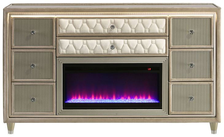 Lorient Ivory Upholstered 8 Drawer Flame Box Dresser with LED Light