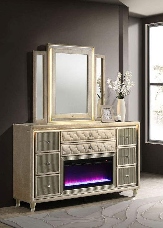 Lorient Ivory Upholstered 8 Drawer Dresser and Mirror with LED Light