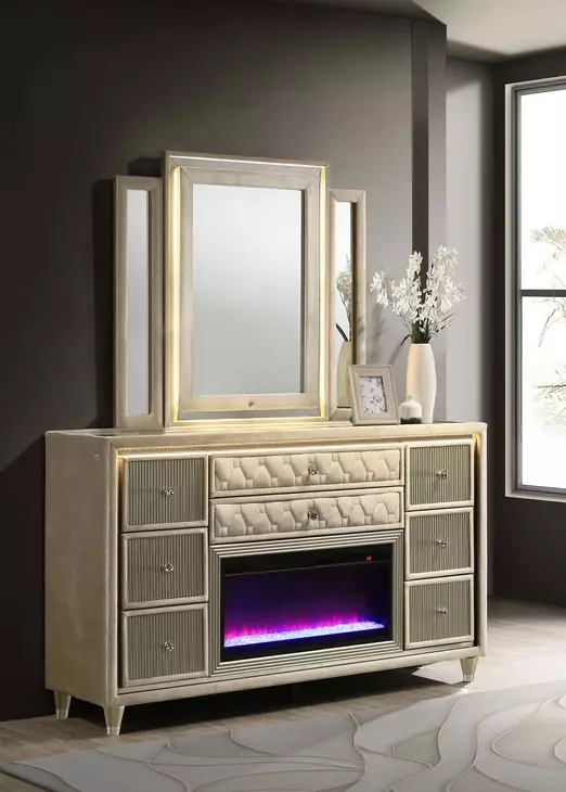ivory dresser with mirror Lorient Upholstered 8 Drawer and LED Light From Coaster Furniture GATHERED DETAIL