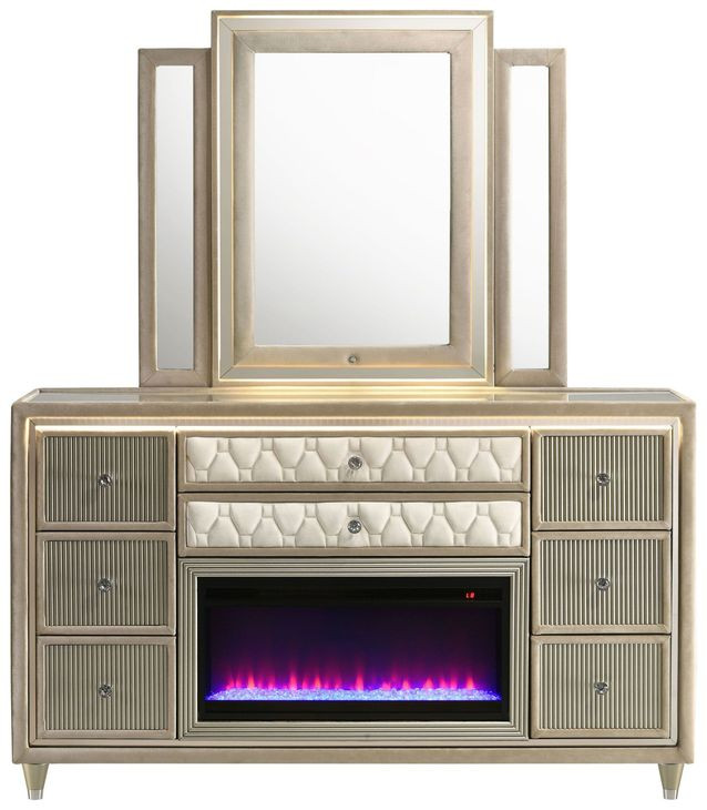 Lorient Ivory Upholstered 8 Drawer Dresser and Mirror with LED Light