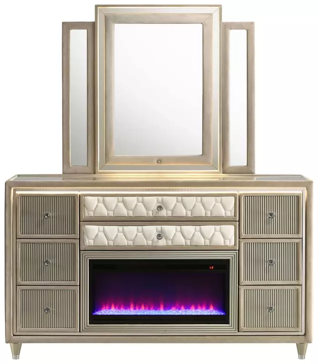 ivory dresser with mirror Lorient 8-drawer LED Flame Box and Camel GATHERED DETAIL