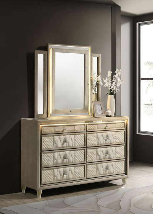 Lorient Ivory Upholstered 8 Drawer Dresser with Mirror and LED Light