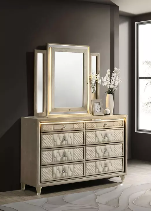 ivory dresser with mirror Lorient Upholstered 8 Drawer and LED Light GATHERED DETAIL