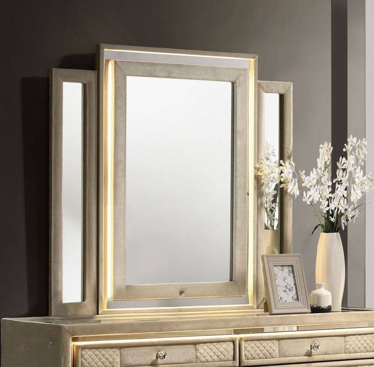 Lorient Ivory Upholstered Rectangular Dresser Mirror with LED Light