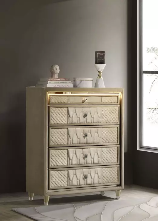 Lorient Ivory and Camel Upholstered 5 Drawer Chest with LED