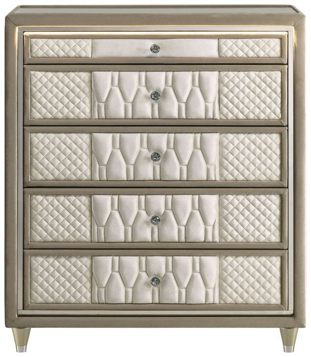 Lorient Ivory and Camel Upholstered 5 Drawer Chest with LED Light