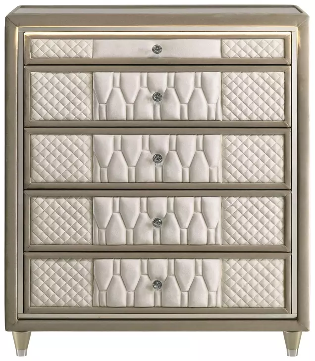 Lorient Ivory and Camel Upholstered 5 Drawer Chest with LED