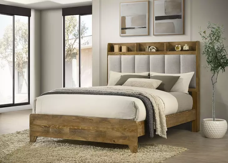 Henderson Medium Oak and Gray King Upholstered Bookcase Panel Bed