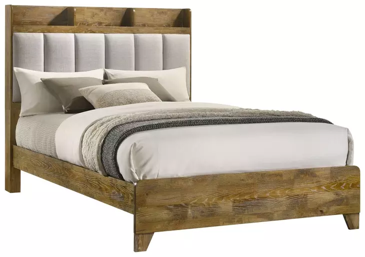 Henderson Medium Oak and Gray King Upholstered Bookcase Panel Bed