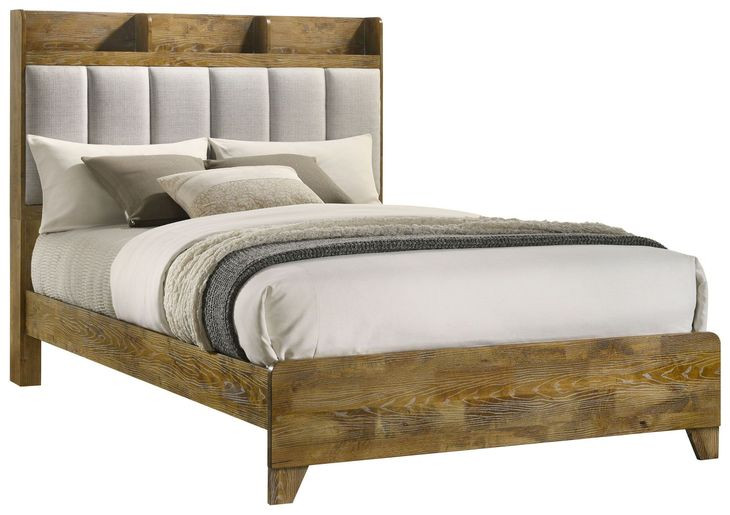 Henderson Medium Oak and Gray Queen Upholstered Bookcase Panel Bed