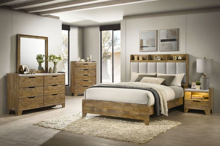 Henderson Medium Oak and Gray Upholstered Bookcase Panel Bedroom Set