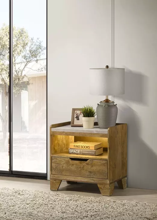 Henderson Medium Oak 1 Drawer Marble Top Nightstand with LED Light and USB Charging