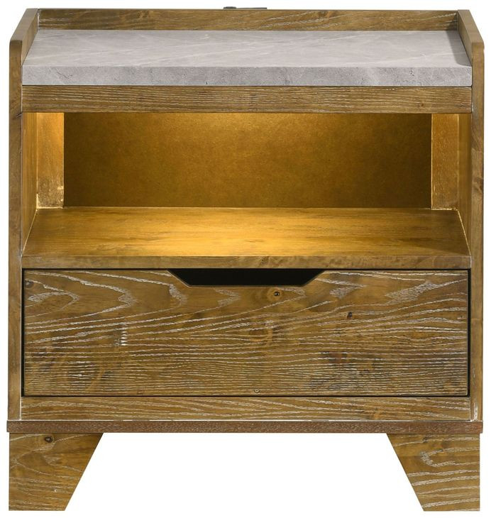 Henderson Medium Oak 1 Drawer Marble Top Nightstand with LED Light and USB Charging