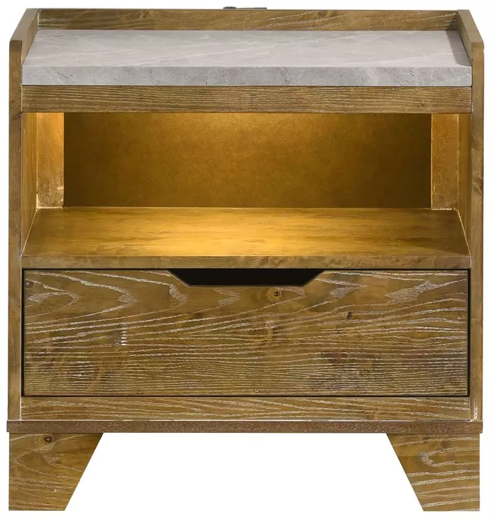 Henderson Medium Oak 1 Drawer Marble Top Nightstand with LED Light and USB Charging