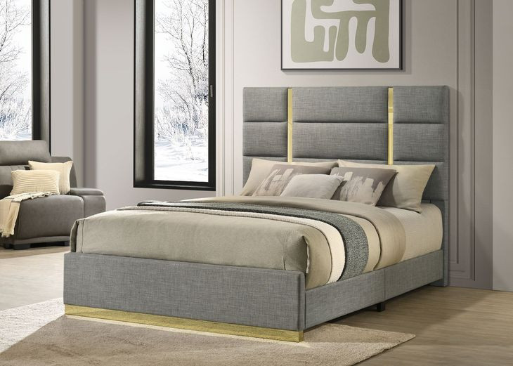 Ines Gray and Gold King Upholstered Panel Bed