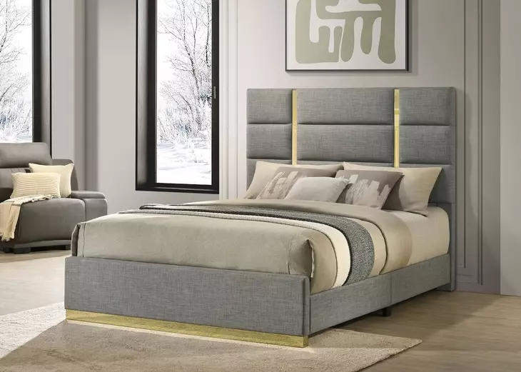 Ines Gray and Gold King Upholstered Panel Bed