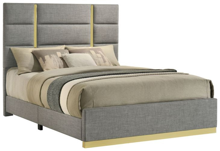 Ines Gray and Gold Queen Upholstered Panel Bed