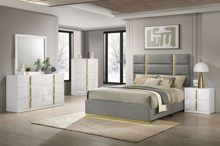 Ines Gray and Gold Upholstered Panel Bedroom Set