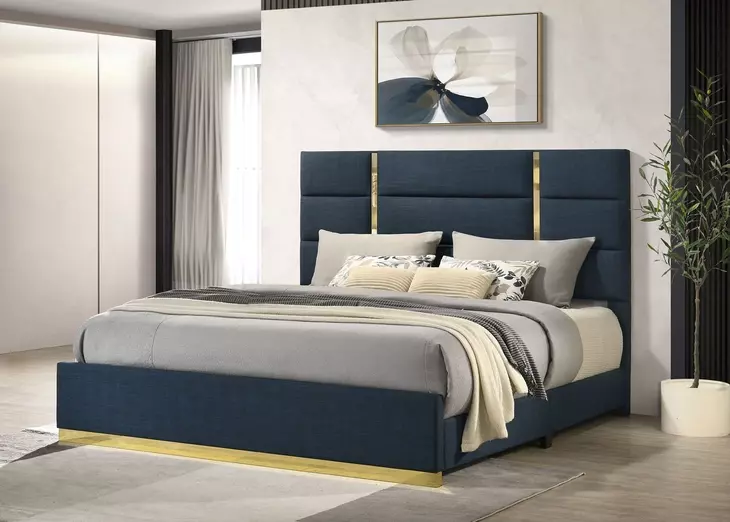 Ines Navy and Gold King Upholstered Panel Bed