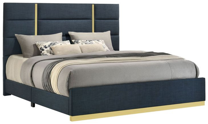 Ines Navy and Gold Queen Upholstered Panel Bed