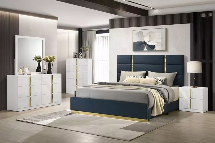 Ines Navy and Gold Upholstered Panel Bedroom Set