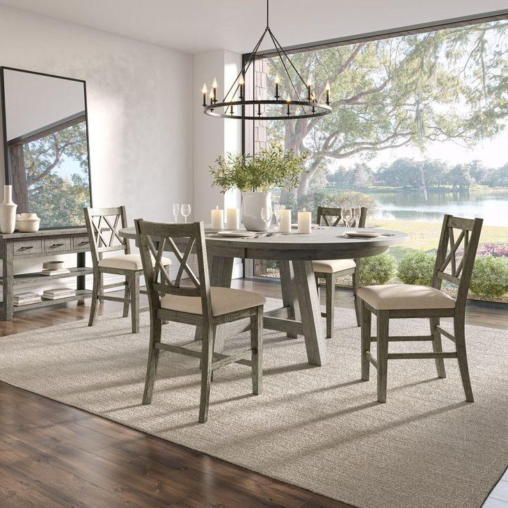 Telluride Driftwood Gray and Beige Upholstered 5 Piece Counter Height Dining Set
