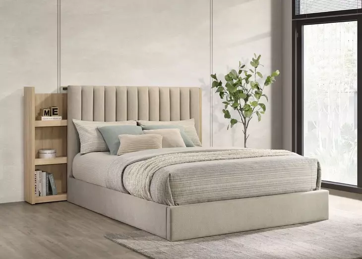 Arielle Light Oak and Light Tan King Upholstered Bookcase Storage Panel Bed