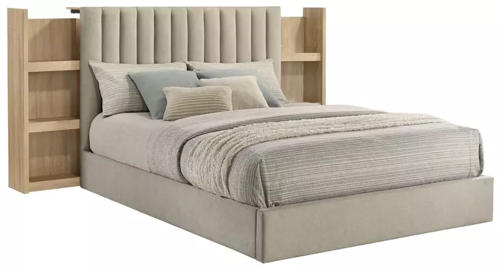 Arielle Light Oak and Light Tan King Upholstered Bookcase Storage Panel Bed