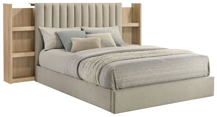Arielle Light Oak and Light Tan Queen Upholstered Bookcase Storage Panel Bed