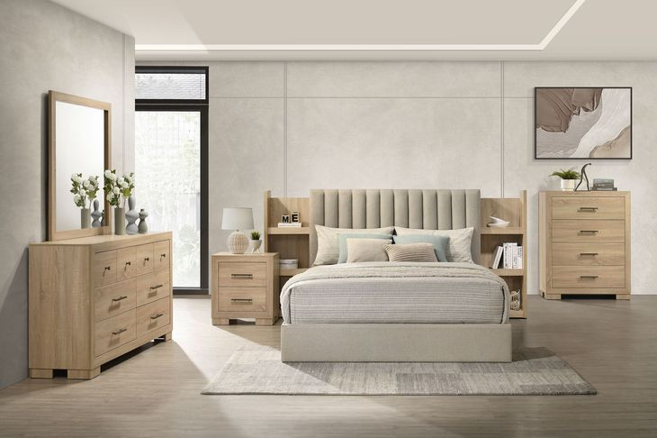 Arielle Light Oak and Light Tan Upholstered Bookcase Storage Panel Bedroom Set