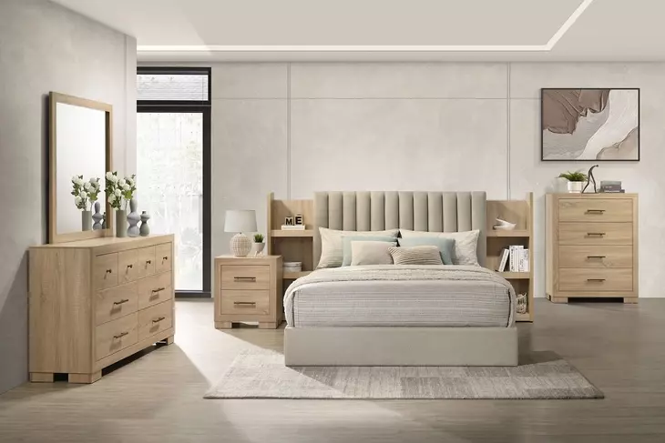 Arielle Light Oak and Light Tan Upholstered Bookcase Storage Panel Bedroom Set