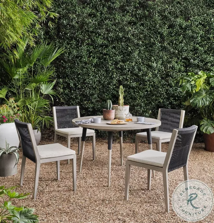 Sherwood Faye Sand and Weathered Gray Performance Fabric Outdoor Dining Chair