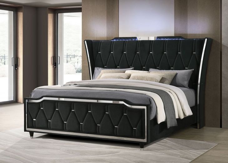 Lorient Black King Upholstered Panel Bed with LED