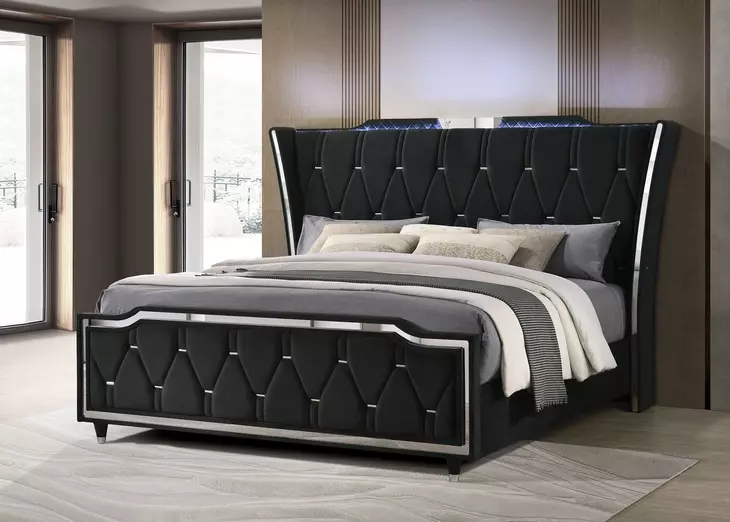 Lorient Black King Upholstered Panel Bed with LED