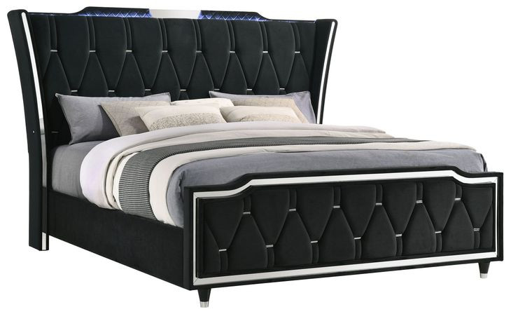 Lorient Black King Upholstered Panel Bed with LED