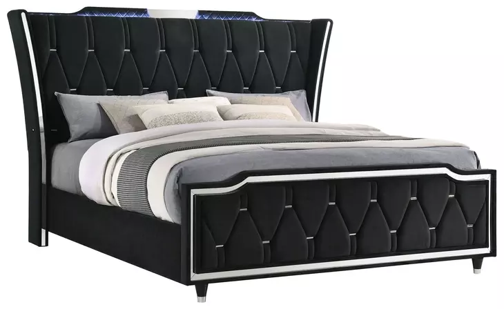 Lorient Black King Upholstered Panel Bed with LED