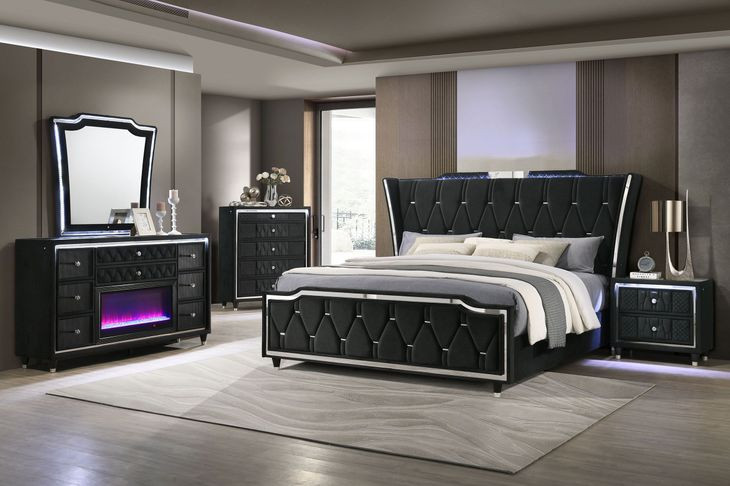 Lorient Black King Upholstered Panel Bed with LED