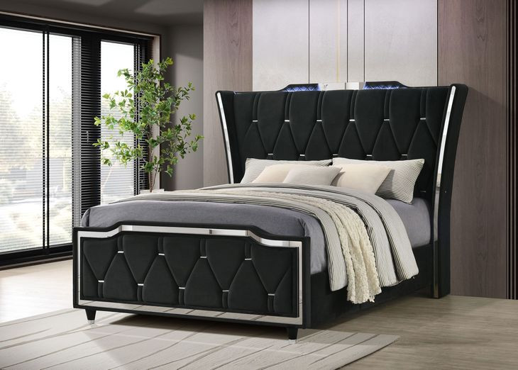 Lorient Black Queen Upholstered Panel Bed with LED