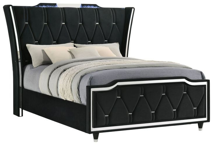 Lorient Black Queen Upholstered Panel Bed with LED